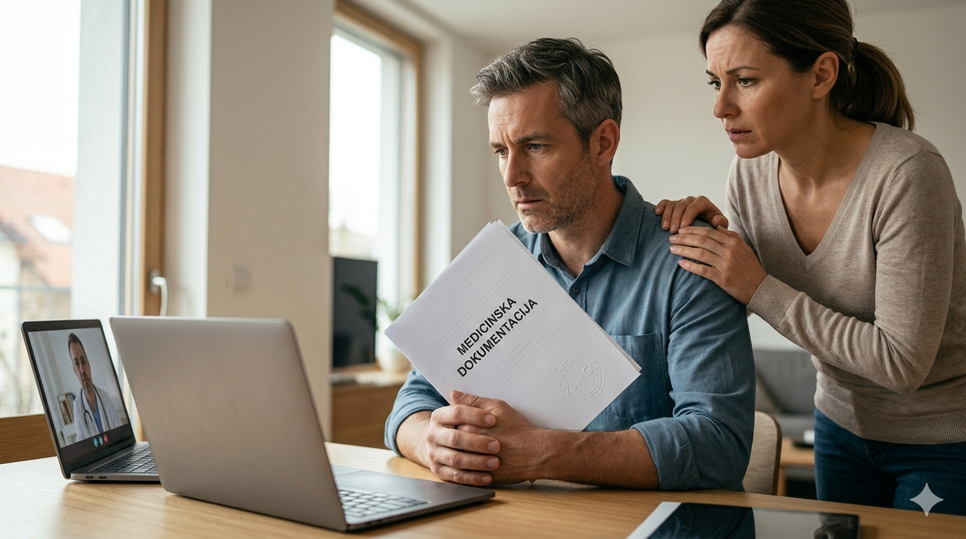 Moški in žena iz Slovenije se olajšano smejita v kuhinji in na tablici pregledujeta potrjeno nakazilo zavarovalne vsote ZavaGO.