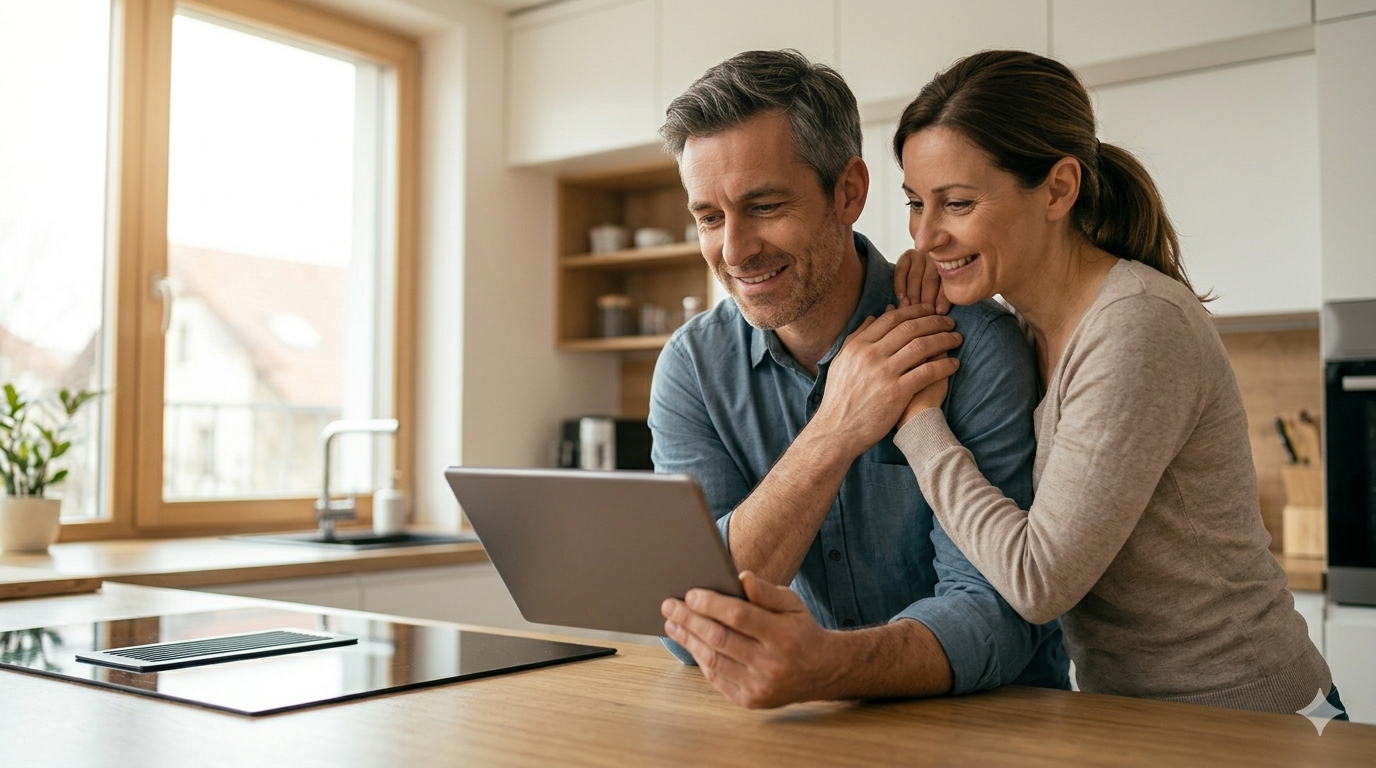 Moški in žena iz Slovenije se olajšano smejita v kuhinji in na tablici pregledujeta potrjeno nakazilo zavarovalne vsote ZavaGO.