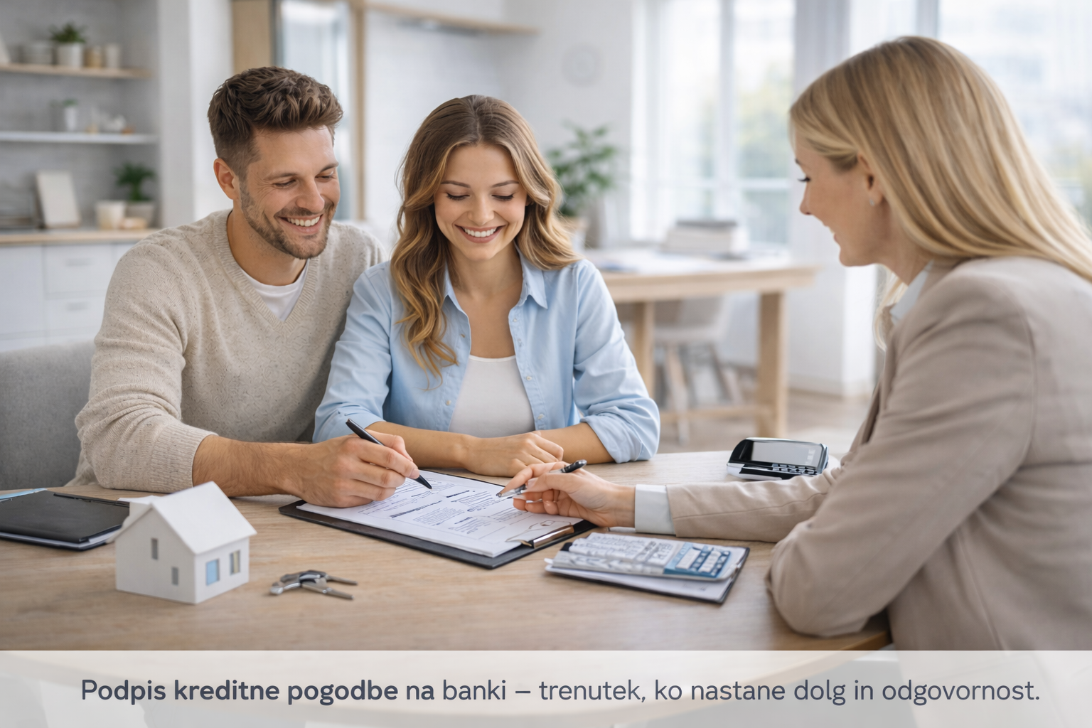 mlad par podpisuje kreditno pogodbo na banki stanovanjski kredit odgovornost