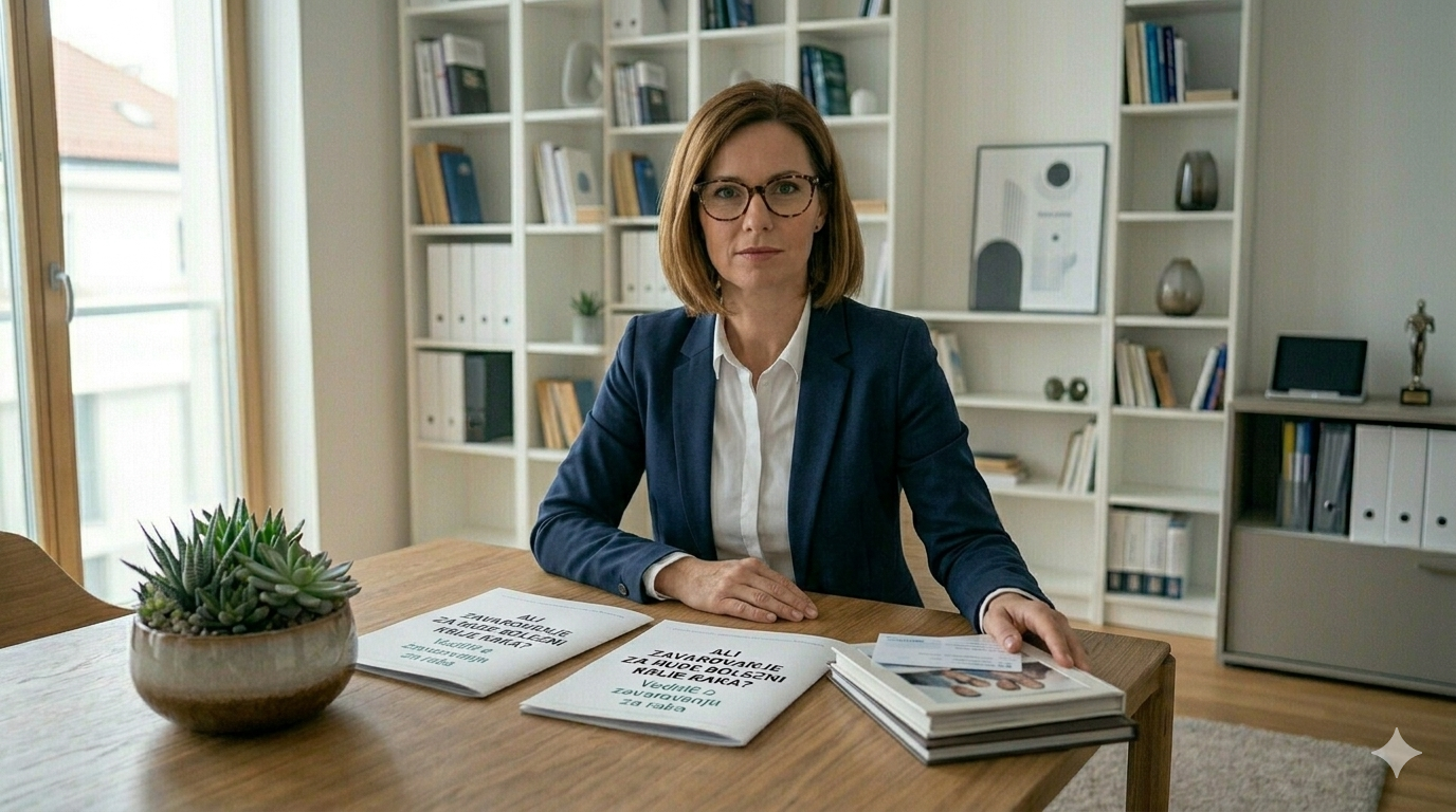 40-letna oseba (iz Slovenije), ki je v obdobju največjih obveznosti — kredit, družina, stroški. Sedijo v svoji moderni dnevni sobi, zaskrbljen izraz. Na mizi je dokument HUDO BOLEZNI PO 40. LETU.