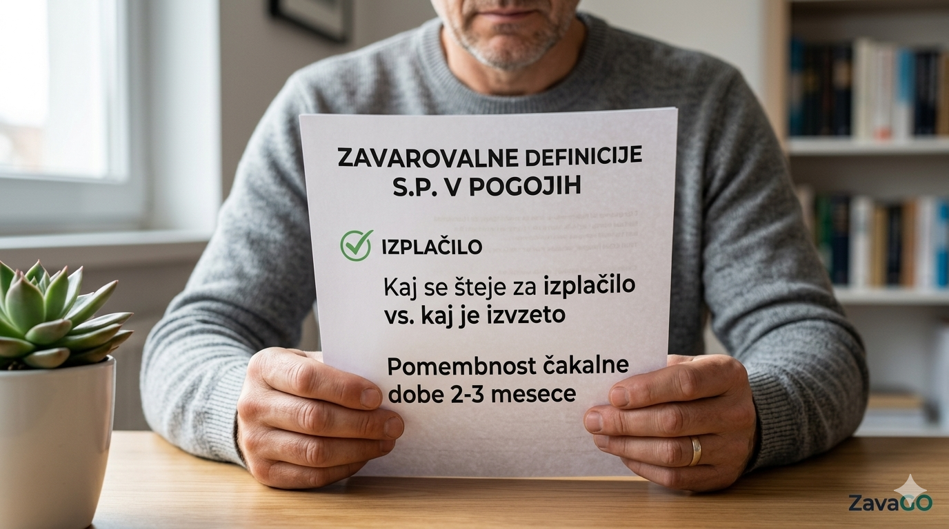 Detajl rok moškega s.p., ki drži dokument o zavarovanju za hude bolezni in preučuje definicije izplačil ter čakalno dobo 2-3 mesece.